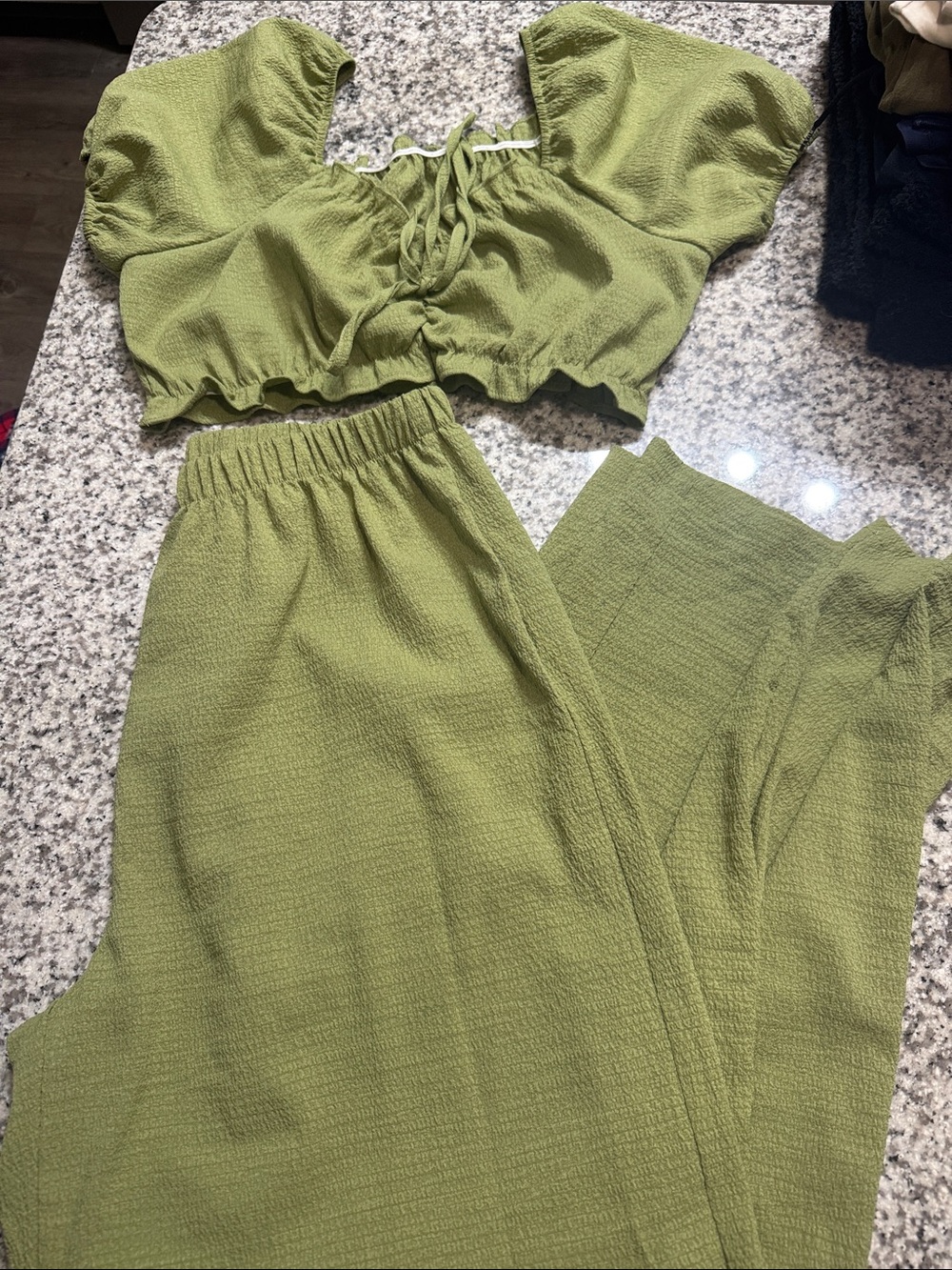 SHEIN Olive Green Ruched Crop Top & Wide Leg Pants Set